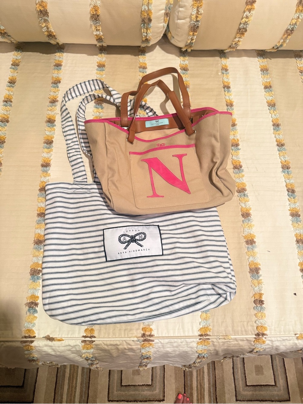 Anya Hindmarch Tan Canvas Tote with Pink Monogram & Brown Leather Handles
